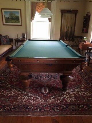 Antique Pool Table (9 foot,  Schwikert & Sons,  1890s,  with accessories) 6