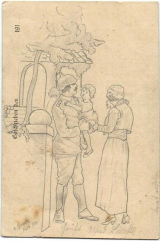 German Wwi Signed Pencil Sketch Farewell