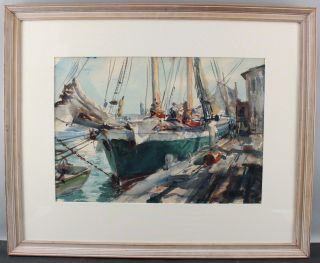Antique 1940 JOHN WHORF Provincetown Maritime Fishing Boat Watercolor Painting 2