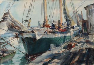 Antique 1940 JOHN WHORF Provincetown Maritime Fishing Boat Watercolor Painting 3