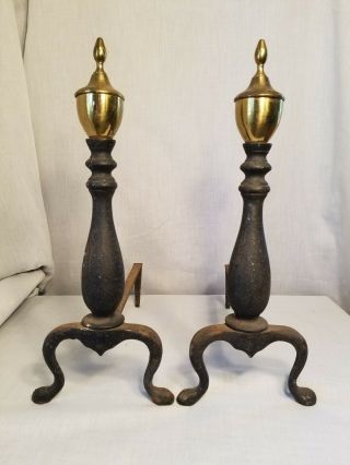 American Federal Style Cast Iron With Brass Steeple Top Andirons Vintage Old