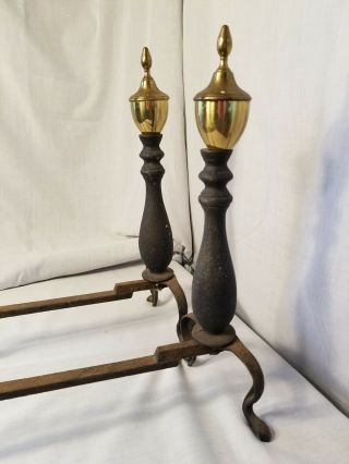 AMERICAN FEDERAL style Cast Iron with Brass Steeple Top Andirons Vintage Old 2