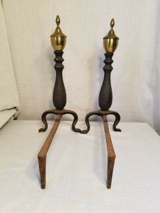 AMERICAN FEDERAL style Cast Iron with Brass Steeple Top Andirons Vintage Old 3