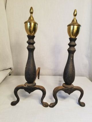 AMERICAN FEDERAL style Cast Iron with Brass Steeple Top Andirons Vintage Old 8
