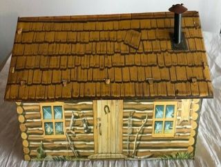 Marx Fort Apache Play Set Vintage Tin Litho Log Cabin W/ Stovepipe Chimney Vg