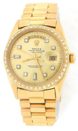 Mens Rolex Day Date President 18k Yellow Gold Watch Diamond Dial 1ct Bezel 1803