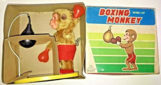 Vintage Tin Wind Up Boxing Monkey Made In Japan; Fuji Press Co.  All Origial 
