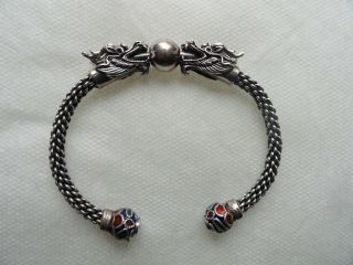 Ancient Double Dragon Head Wrap.  925 Sterling Silver Cuff Cloisonne Bracelet