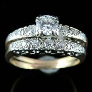 Vintage Diamond 18k 14k Gold Bridal Set Engagement Ring Wedding Band Retro
