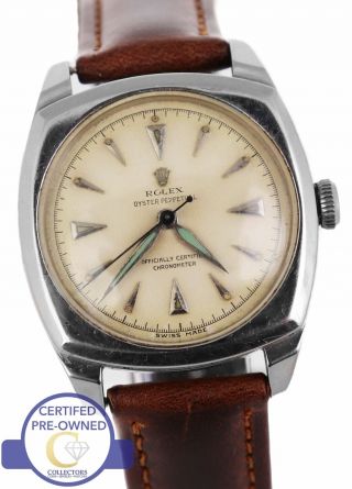 Rare Stick Rolex Vintage Army 4961 Brown Leather Strap Ivory Dial Swiss Watch