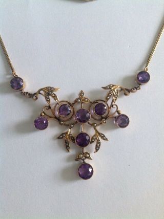 Fine Antique Art Nouveau 9ct Gold Amethyst & Seed Pearl Necklace