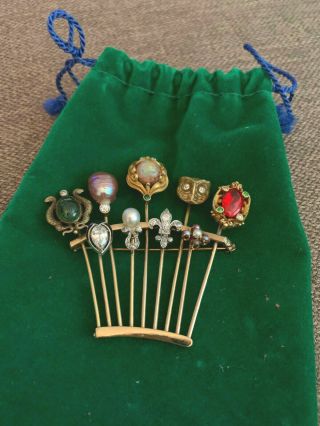 Vintage Estate 14k Gold Hat Stick Pin Fan Brooch,  Diamonds,  Pearls,  Gemstones