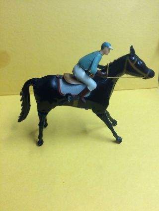 Vintage Wind - Up Mechanical Tin Toy Race Horse Jockey Rider Made In Spain