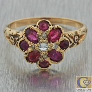 1880s Antique Victorian 14k Gold Rose Cut Diamond Red Garnet Cluster Ring