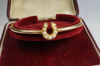 Antique Late Victorian English 15k Gold Pearl Horse Shoe Bangle / Bracelet C1890