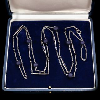 Antique Vintage Art Deco Sterling 900 Silver Lapis Lazuli Opera Chain Necklace
