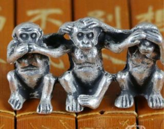 China Old Collectibles Siver Do Not See Speak Hear Evil 3 Monkey Small Statues