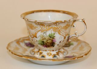 Antique Old Paris Cup & Saucer W/grapes & Scalloped Feet