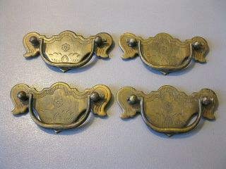 (4) Antique / Vintage Solid Brass Drawer Pulls / Handles - - W/ Screws