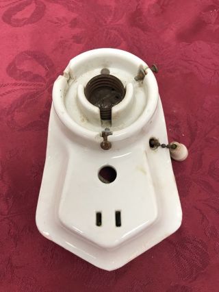 Vintage Antique White Porcelain Wall Sconce Light Fixture With Outlet Chain Pull