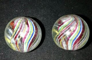 2 Antique Marble Or 2 Marbles Caged Ribbon Core German Pontil Glass Marble
