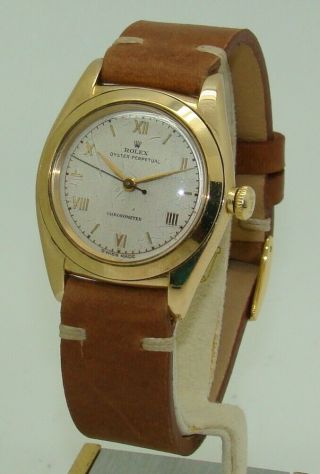 VINTAGE ROLEX 14K YELLOW GOLD OYSTER PERPETUAL BUBBLEBACK WATCH 3131 C.  1946 3