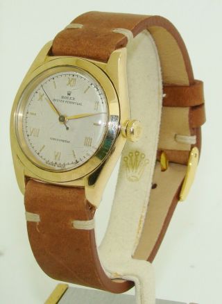 VINTAGE ROLEX 14K YELLOW GOLD OYSTER PERPETUAL BUBBLEBACK WATCH 3131 C.  1946 4
