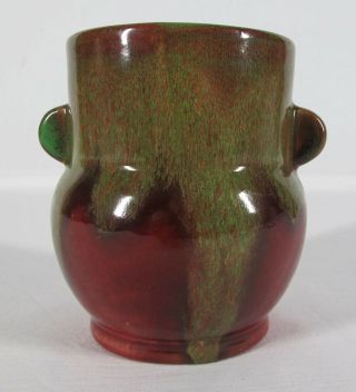 Antique C 1930 Weller Pottery Turkis Vase 2 Ear Handles Red Base Green Drip Yqz