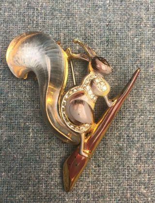 1940s Sterling Corocraft Jelly Belly Squirrel Pin Lucite Tail Enamel Rhineston
