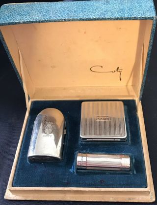 Rare 1917 Signed Coty Chypre Perfume Bottle 3 Piece Compact Lipstick Gift Set