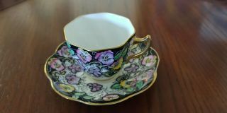 Vintage Salisbury Bone China Tea Cup & Saucer Rare Black,  Purple Flower Design