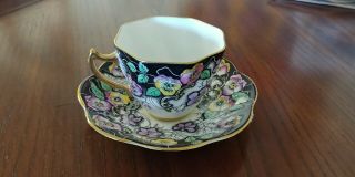 Vintage Salisbury Bone China Tea Cup & Saucer RARE Black,  Purple Flower Design 2