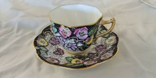 Vintage Salisbury Bone China Tea Cup & Saucer RARE Black,  Purple Flower Design 5