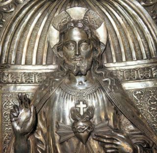 Antique Silver On Copper Jesus Christ High Relief Cathedral Portrait Plaque