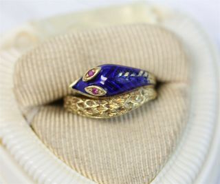 Vintage 18k Gold Blue Enamel Ruby Eye Snake Ring Serpent Wrap Retro Luxury (6)