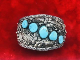 Navajo Old Pawn Bracelet Cuff Sterling Silver Sleeping Beauty Turquoise Vintage