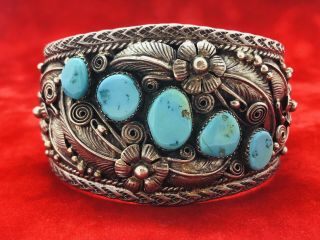 Navajo Old Pawn Bracelet Cuff Sterling Silver Sleeping Beauty Turquoise Vintage 2