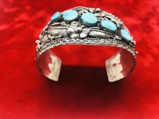 Navajo Old Pawn Bracelet Cuff Sterling Silver Sleeping Beauty Turquoise Vintage 3
