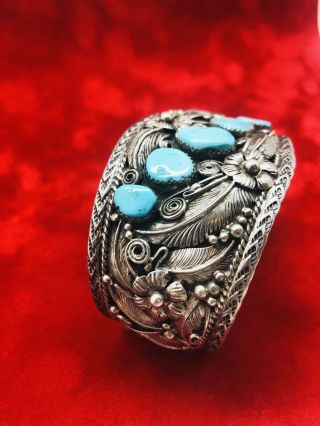 Navajo Old Pawn Bracelet Cuff Sterling Silver Sleeping Beauty Turquoise Vintage 4