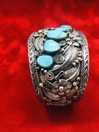 Navajo Old Pawn Bracelet Cuff Sterling Silver Sleeping Beauty Turquoise Vintage 5