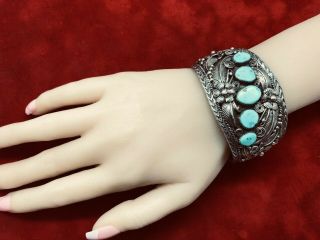 Navajo Old Pawn Bracelet Cuff Sterling Silver Sleeping Beauty Turquoise Vintage 8