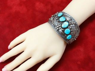 Navajo Old Pawn Bracelet Cuff Sterling Silver Sleeping Beauty Turquoise Vintage 9