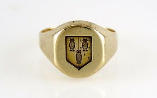 Vintage 14k Yellow Gold 3 Owl Shield Crest Bryn Mawr College Seal Signet Ring