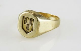 Vintage 14K Yellow Gold 3 Owl Shield Crest Bryn Mawr College Seal Signet Ring 2