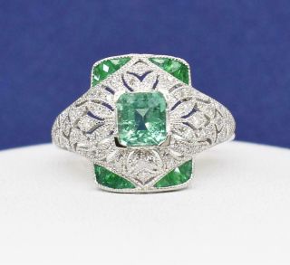 $6,  000 Deco Platinum 1.  25ctw Colombian Emerald & Old Cut Diamond Ring