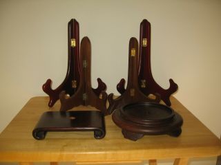 4 Plates,  2 Vase Carved Lacquer Wood Stand For Porcelain Or Cloisonne Art Vase.