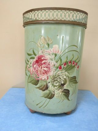 Vintage Tin Tole Painted Waste Backet Trash Can
