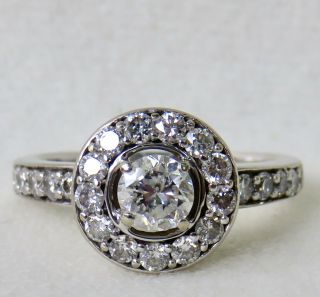 Vintage 1.  17 Ct.  Brilliant Cut Diamond With Halo 14k White Gold Engagement Ring