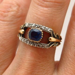 Antique Victorian 585/14k Yellow Gold Old Miner Sapphire & Rose Cut Diamond Ring