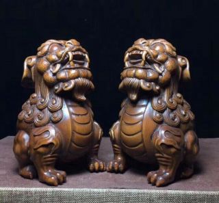 Handwork Exorcism Collectable Boxwood Carve Roar One Pair Lion Special Statue